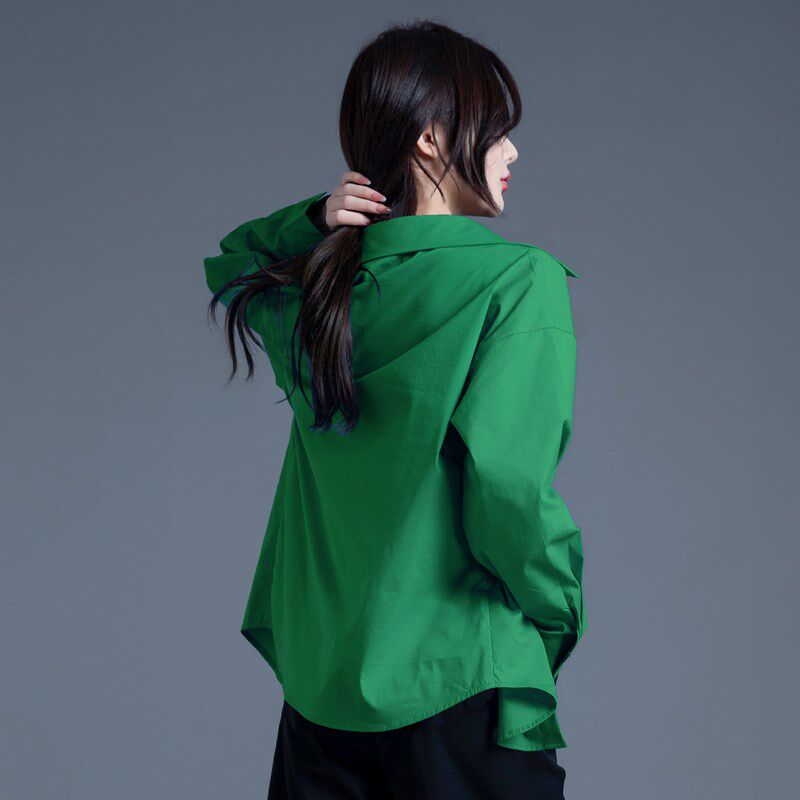 绿色衬衣女2024新款秋冬季打底洋气衬衫女休闲长袖高级感上衣外套