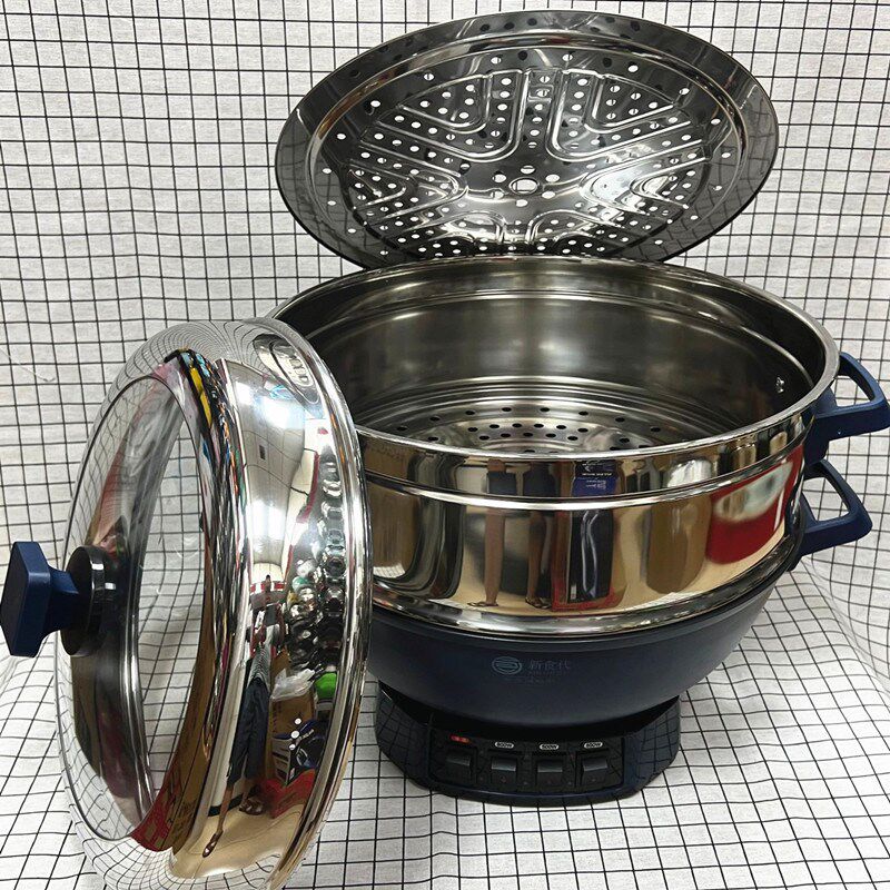 新食代加高加厚真不锈铸铁锅蒸锅32-34-36-38cm炒锅火锅一笼双层