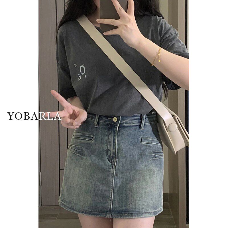 复古蓝高腰牛仔短裙女夏季胖mm大码显瘦小个子梨形身材a字半身裙