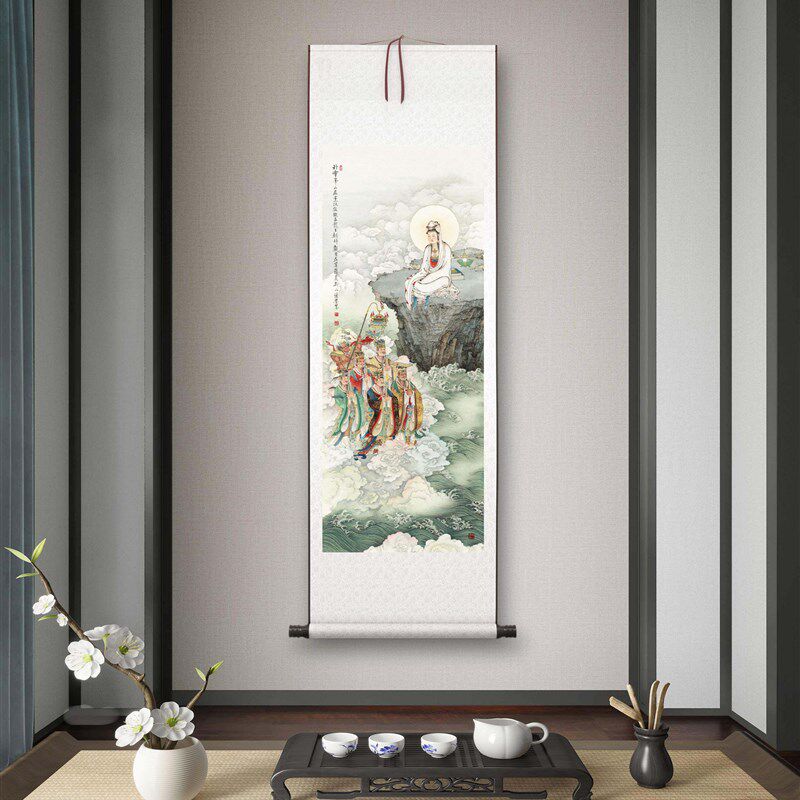 夏荆山《五龙王朝拜观音图》客厅书房茶室装饰画玄关水墨高清卷轴