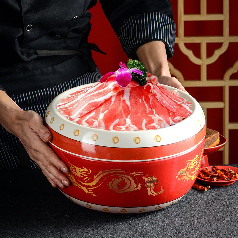 红鼓形状火锅店特色创意手切牛肉餐具酒店明档外摆菜盘密胺仿瓷餐