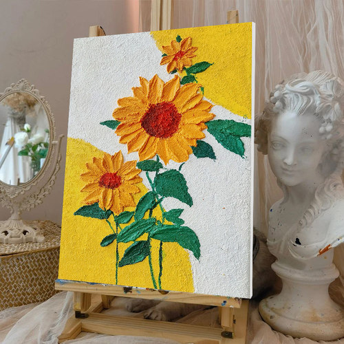 向日葵手绘石英砂肌理画 加厚实木内框油画 客制化装饰画