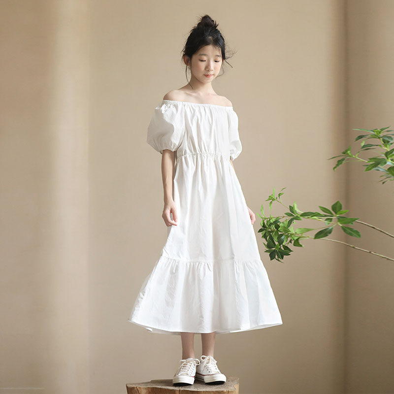 女童短袖白色连衣裙2023年新款夏季度假风宽松海滩裙少女过膝长裙