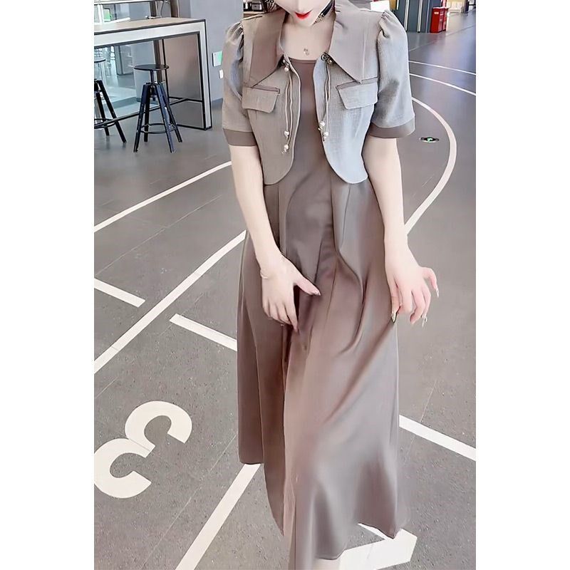 2024夏季新款遮肚新中式显瘦套装时尚外搭小西服连衣裙两件套女