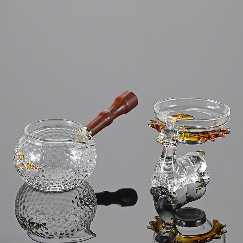 公道杯玻璃加厚日式分茶器耐高温高档创意侧把木柄可拆带茶漏套装