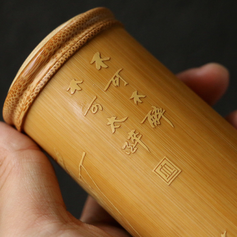 精品名家裘立钢纯手工留青雕刻老玉竹茶叶罐--不可不醉,不可太醉