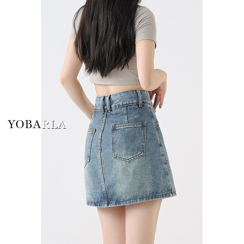 复古蓝牛仔短裙女夏季高腰大码胖mm遮肚子显瘦梨形身材a字半身裙