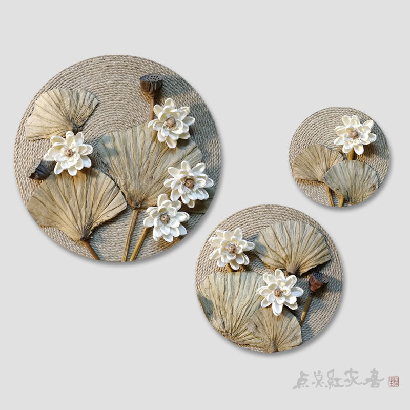 满月照青莲禅意睡莲干花新中式玄关墙面装饰复古创意民宿壁饰