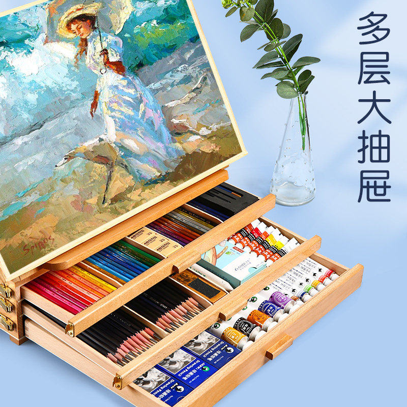 桌面画架台式油画箱美术生专用折叠便携式4k画板油画架抽屉式箱写