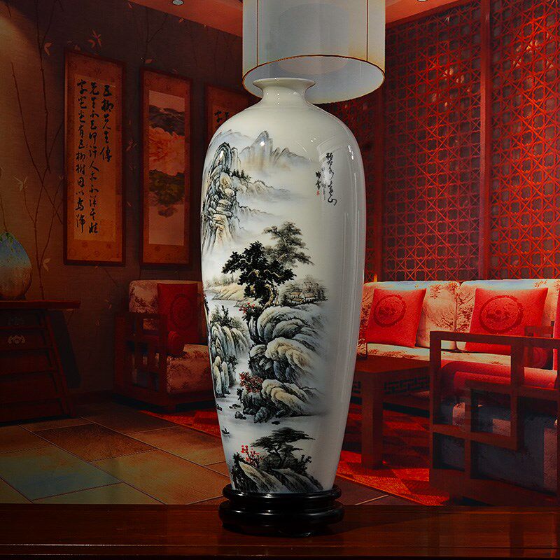 东方泥土 手绘陶瓷花瓶摆件 创意中式客厅装饰工艺品/碧水清云