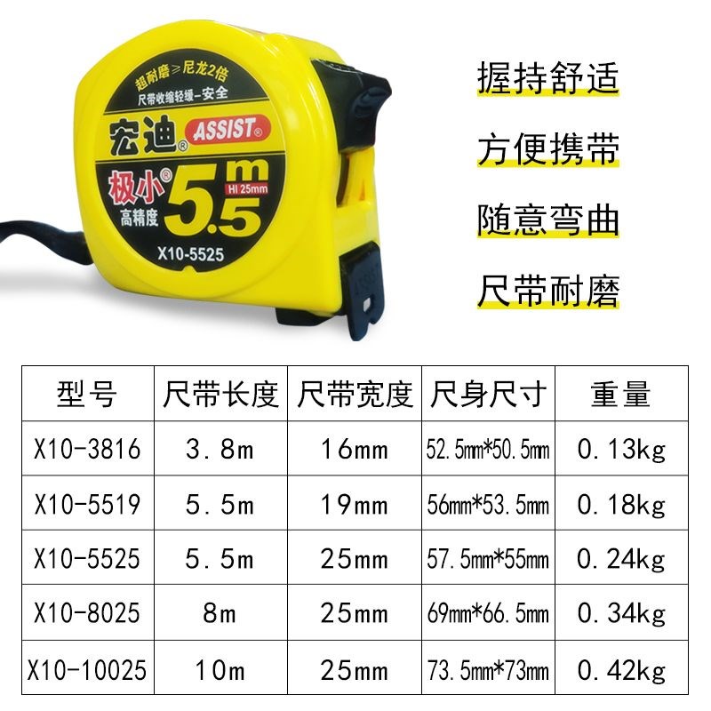 宏迪5米卷尺69-5019 3米7.5米 E10米钢尺加宽加厚高精度木工测量图片