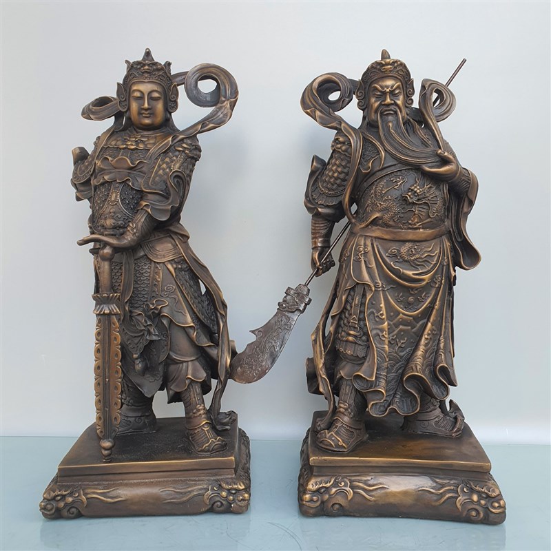 仿古神像关公韦陀铜像摆件高40公分武财神关羽关二爷护法韦陀一套