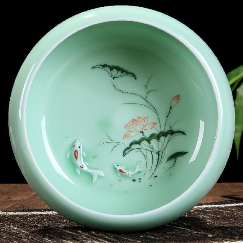 手绘青瓷烟灰缸大号 家用客厅新中式轻奢笔洗 茶台茶渣废水缸茶洗