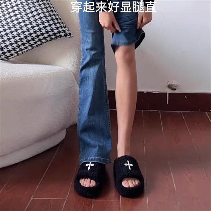微喇牛仔裤女高腰显瘦高弹2024秋冬新款修身百搭复古简约黑色长裤