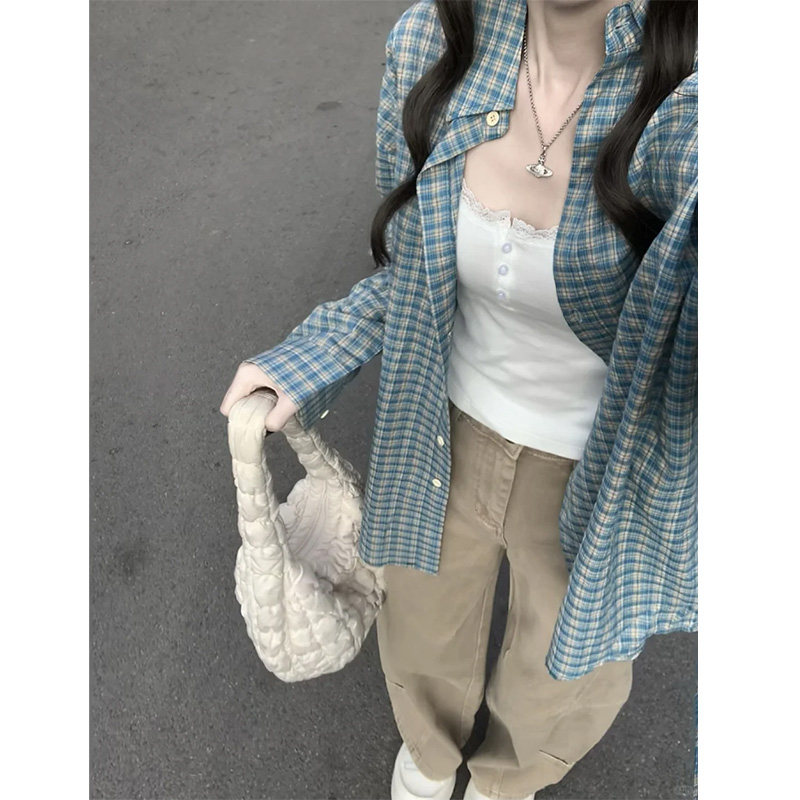蓝色格子衬衫叠穿慵懒风长袖外套