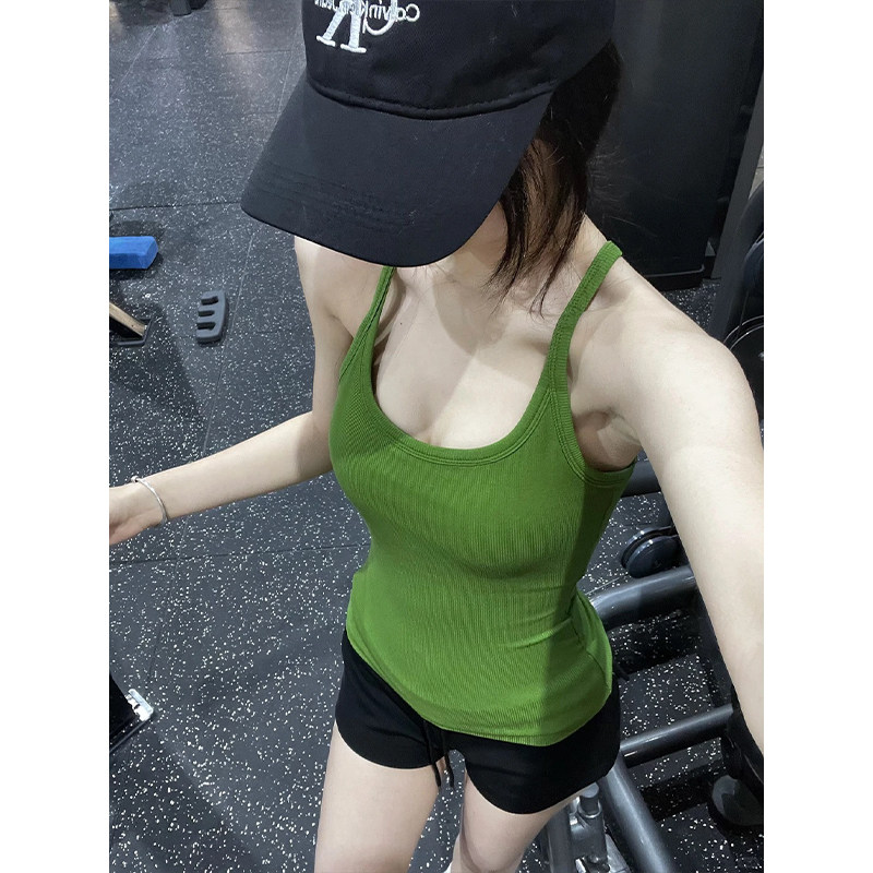 绿色吊带背心女带胸垫内搭夏季外穿美背文胸一体工字打底运动上衣