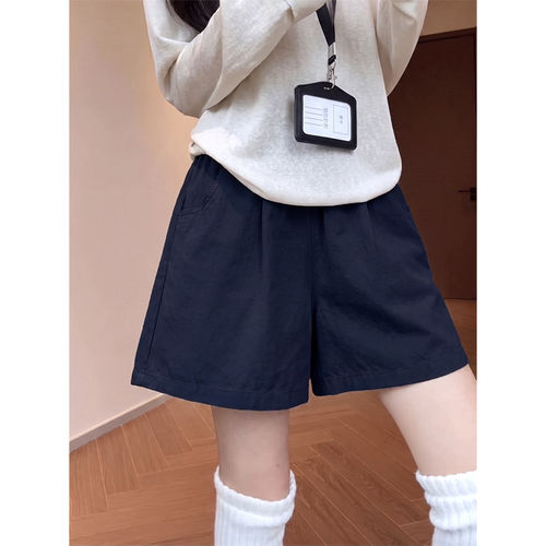 黄吉吉深灰色速干短裤女夏季薄款棉麻三分裤宽松运动休闲阔腿裤子