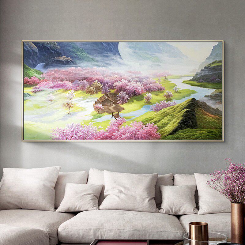 纯手绘油画新中式风景壁画客厅卧室餐厅横幅装饰画轻奢挂画桃花源