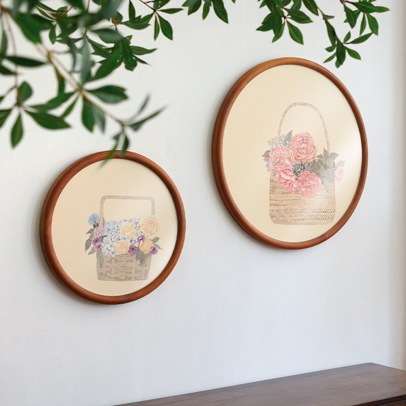 奶油风荷花玫瑰花蓝圆形装饰画极简高级法式中国风客厅卧室装饰画