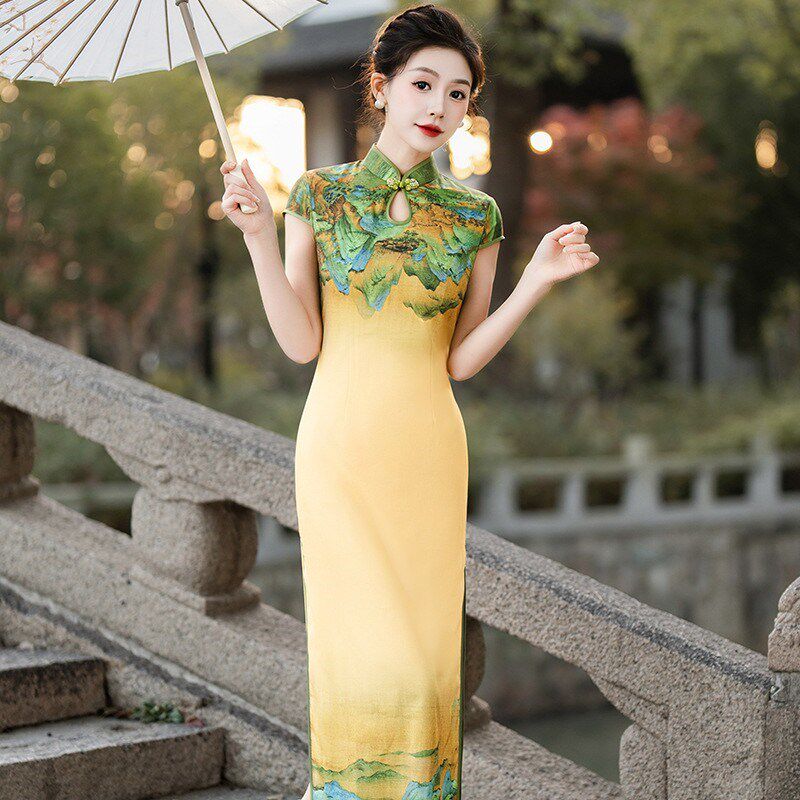 2024新款旗袍走秀款十字麻民国风古装山水画气质演出服长款裙旗袍