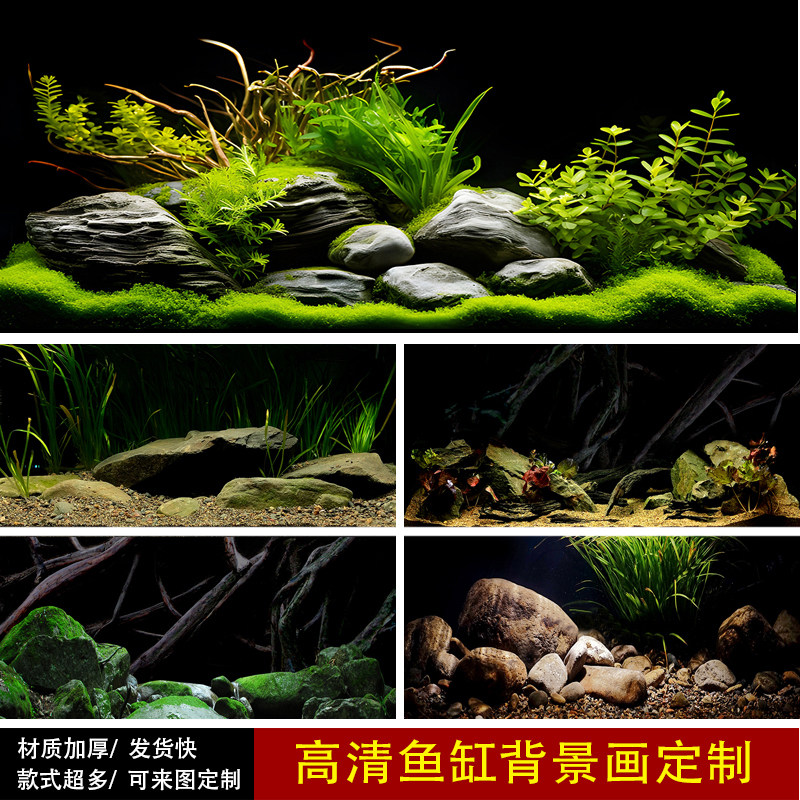 鱼缸背景画高清定制溪流缸草缸造景贴纸水草砂石雷龙背景超白缸图