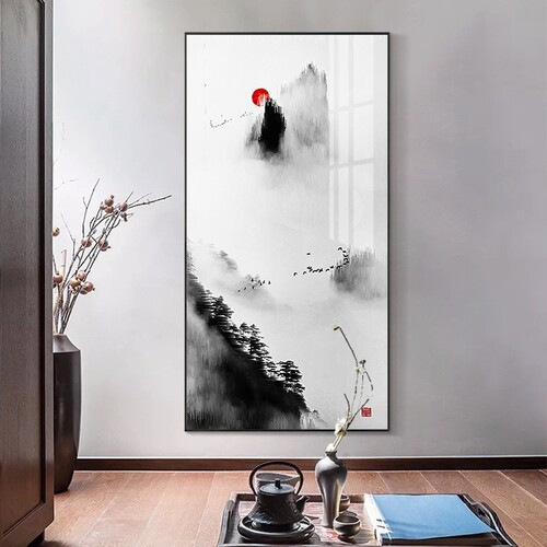 入户玄关装饰画禅意水墨山水画新中式竖版走廊过道尽头挂画落地画