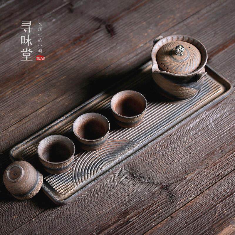鎏金粗陶茶具套组复古手工干泡盘一壶四杯古早烧铁釉陶瓷托盘