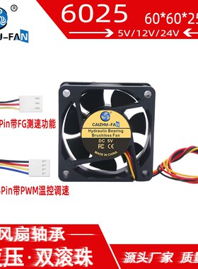 全新6025直流无刷5V12V24V三线带测速变频PWM温控四线6CM散热风扇