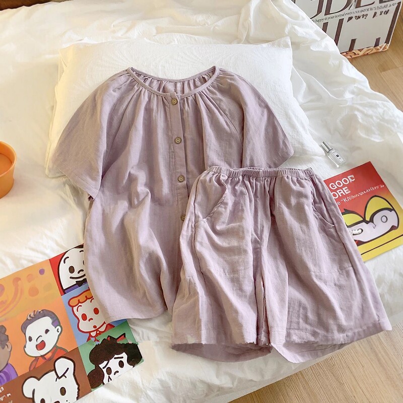 韩国ins简约紫色双层棉纱睡衣女款夏季短袖短裤圆领开衫家居服薄