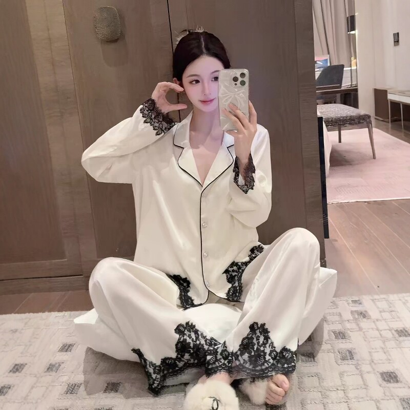 夏季睡衣女款2025新款春秋季缎面冰丝绸蕾丝花边家居服套装可外穿