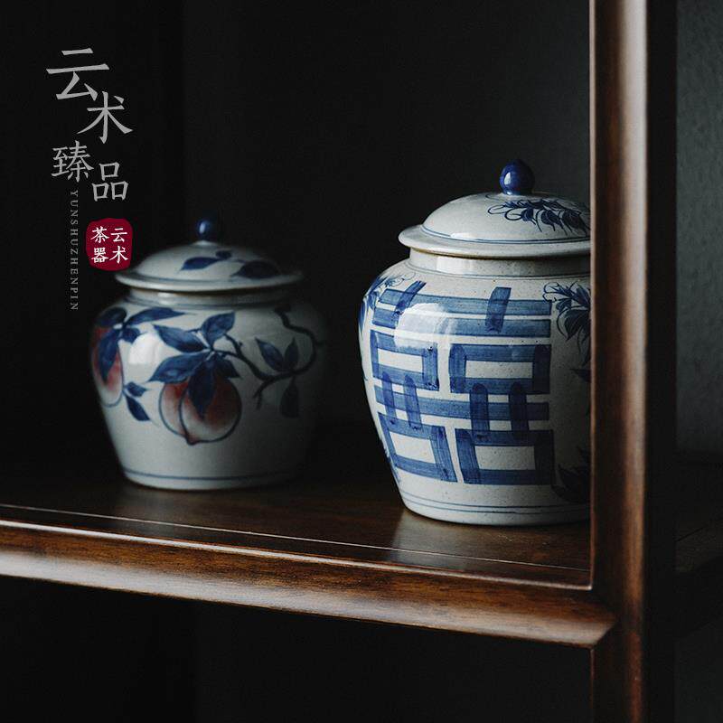 青花瓷手绘装茶叶罐将军罐+景德镇纯手工大号陶瓷家用密封储物罐