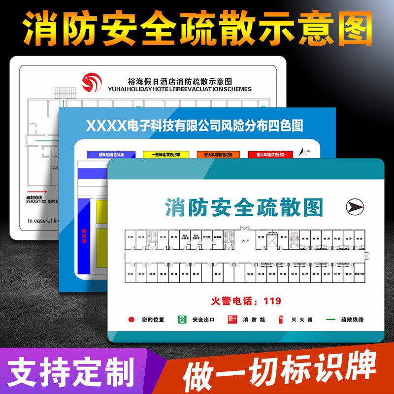 亚克力消防疏散示意图紧急逃生路线图工厂企业四色风险分布平
