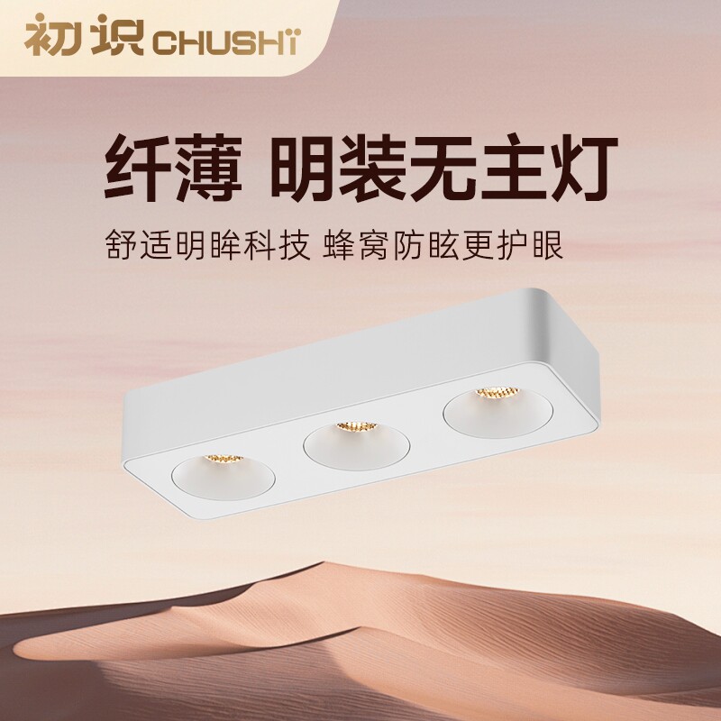 初识照明超薄明装卧室斗胆灯客厅防眩无主灯全光谱无吊顶三头筒灯