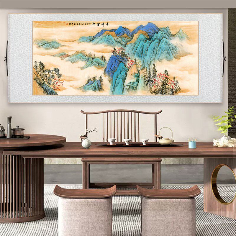 春江坐钓图中式客厅装饰画卷轴挂画青山绿水山水画办公室茶室壁画