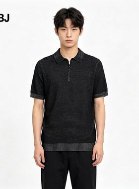 WJBJ男士黑色polo领短袖针织衫华夫格松弛感翻领POLO