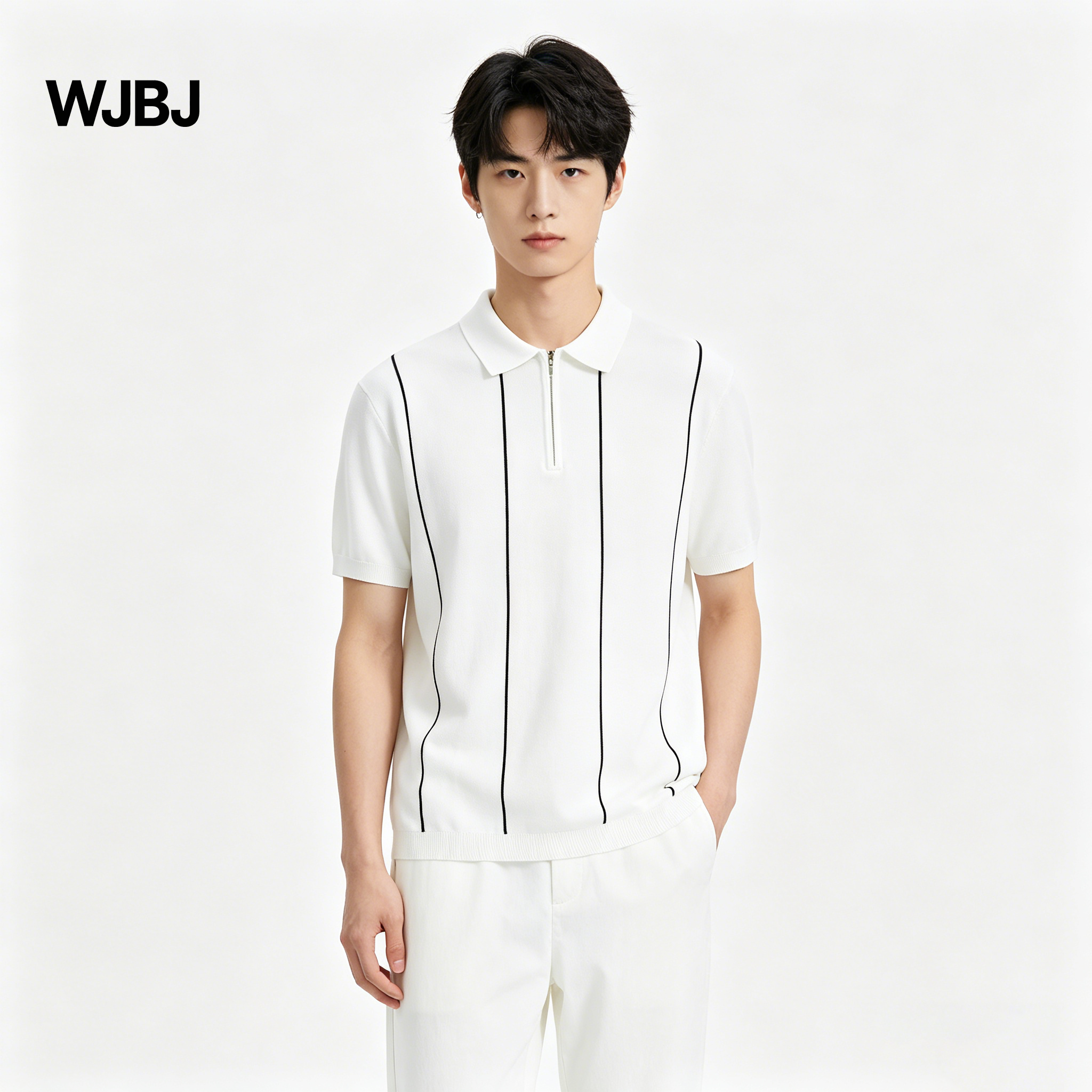 WJBJ2026年新款半拉链POLO衫男短袖翻领针织衫商务休闲高级感白色