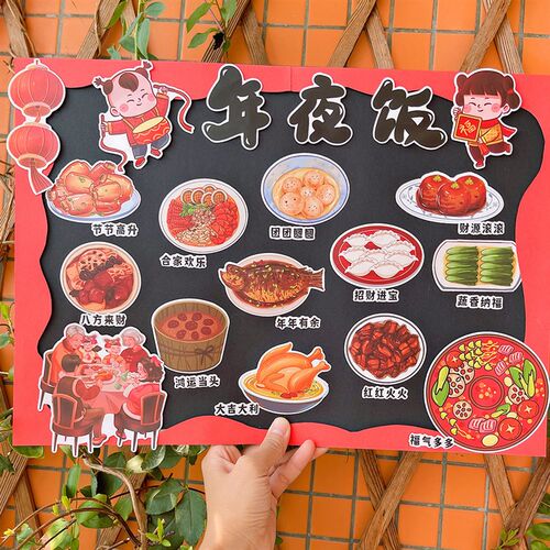 新年春节除夕年夜饭手抄报贴纸中国传统文化识字报绘本相册贴画