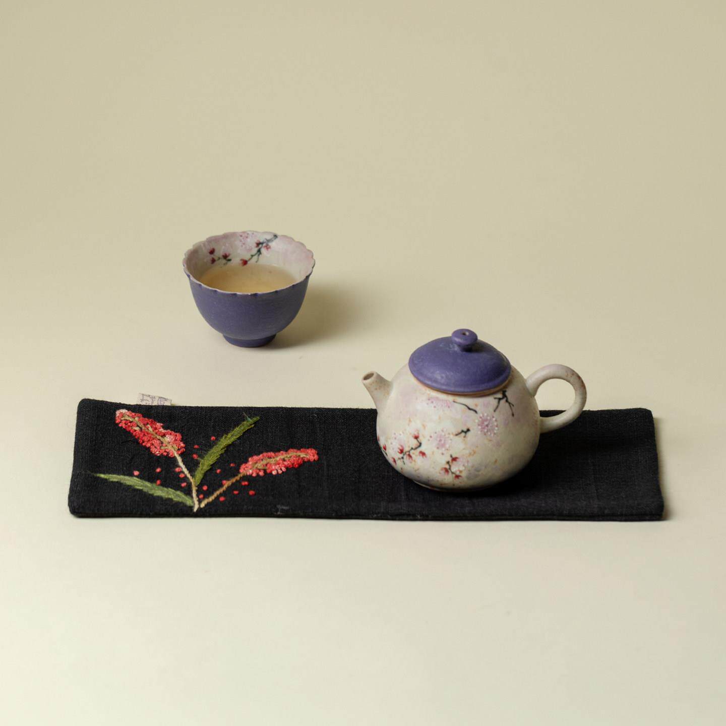 繁野壶棉麻刺子布绣红高粱茶巾超1756强吸禅水意抹巾茶道养巾配件