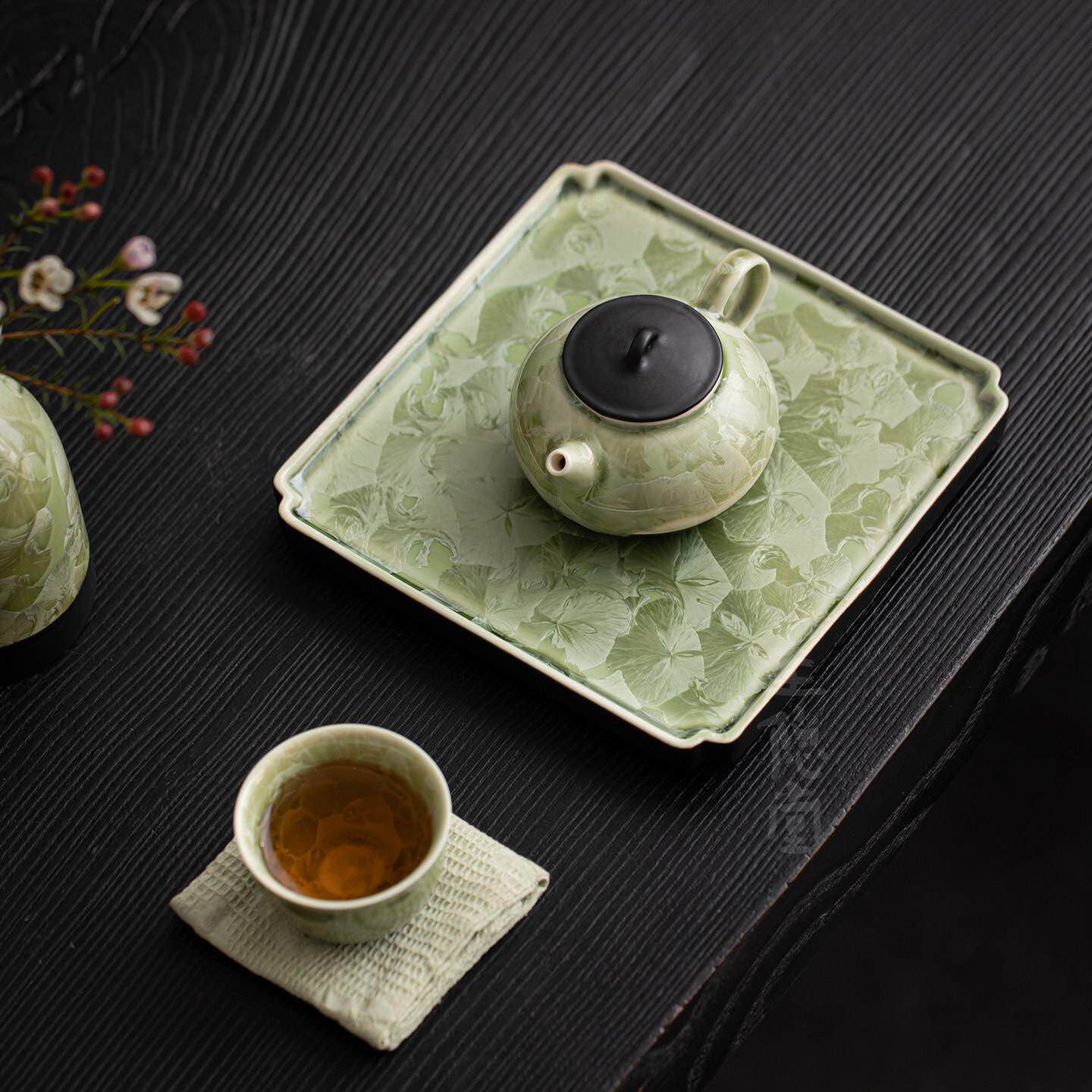 干圭隐堂窑变结晶釉青冰花黛陶壶承家用泡茶瓷盘结晶冰花茶具茶托