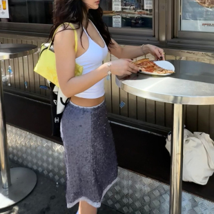 几何冰川·哑光低饱和灰紫异形片 蕾丝裙摆包臀半裙 拼接腰头