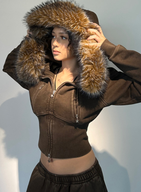 ICVIBE 截停臃肿·冷棕阿苏特染+超大毛领 收腰帽衫+卫裤set