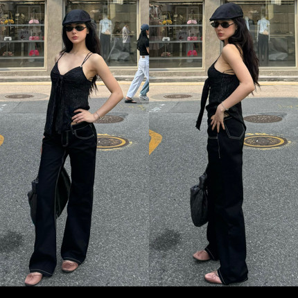 叛逆改装低腰裤 反重力提臀+骨白外走线 腿精黑色低腰裤