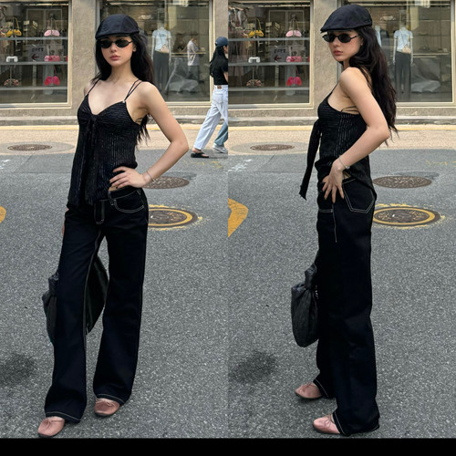 叛逆改装低腰裤 反重力提臀+骨白外走线 腿精黑色低腰裤