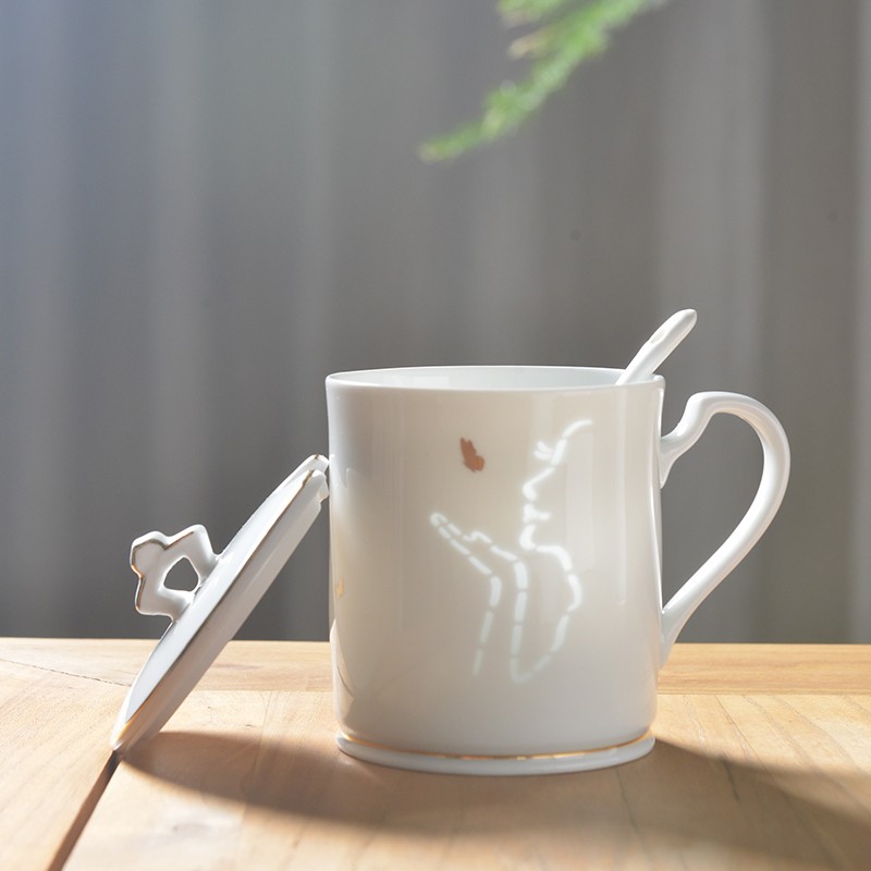 古镇陶瓷景德镇玲珑陶瓷茶杯马克杯带盖带勺简约水杯杯子情侣杯