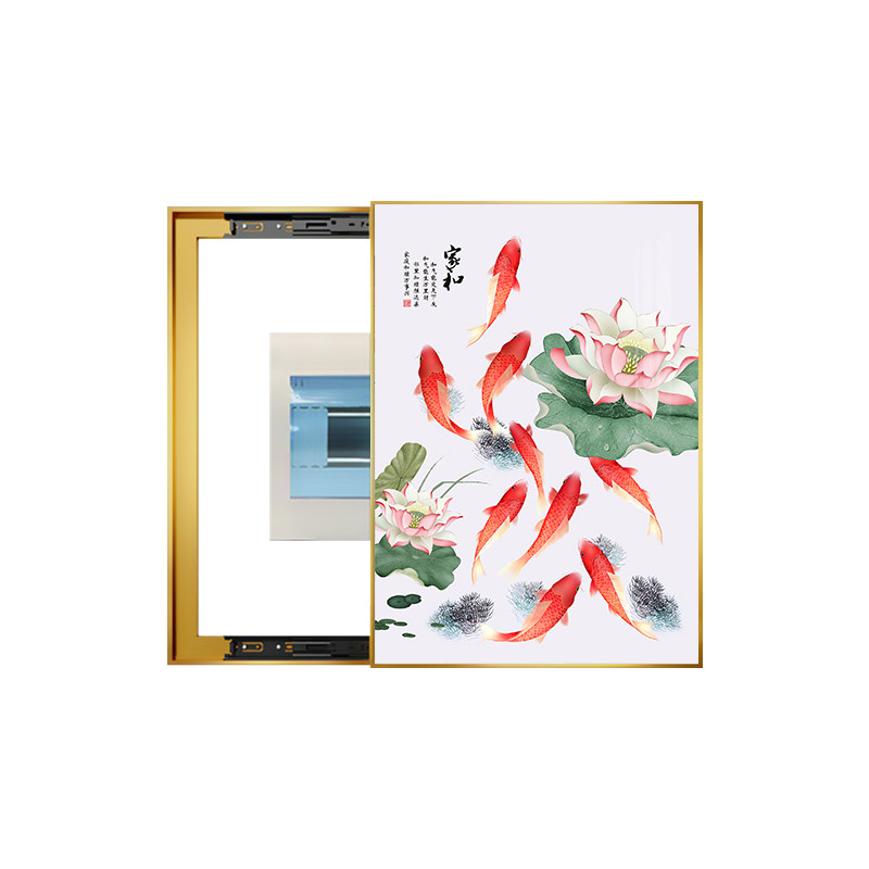 九鱼图电表箱装饰画荷花锦鲤空开盒壁画竖款新中式配电箱遮挡挂画