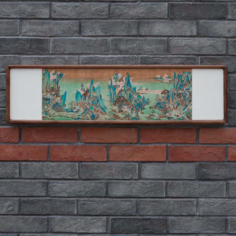 仇英山水画新中式装饰画横版床头沙发长条字画青山绿水实木框挂画
