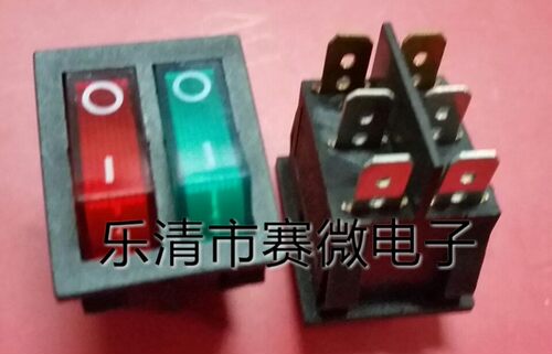 船型开关 电源开关 双联开关 KCD8-212N 带灯 红绿 6脚 一盒50只