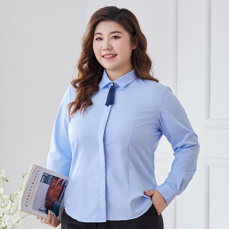 秋季职业白衬衫女工装200u斤胖MM宽松衬衣长袖通勤工作服面试弹力