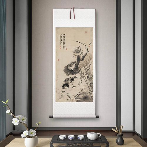 清张若霭《莲塘浴鸭图》客厅书房茶室F装饰画挂画玄关水墨高清卷