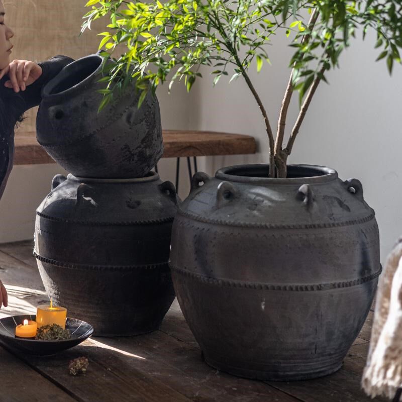 复古粗陶花盆大口径种树户外庭院陶土花盆大号落地侘寂风陶罐花器